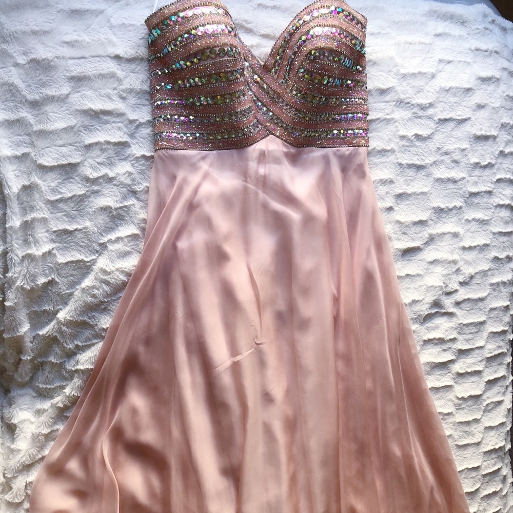 Strapless pale pink grad dress by Alyce